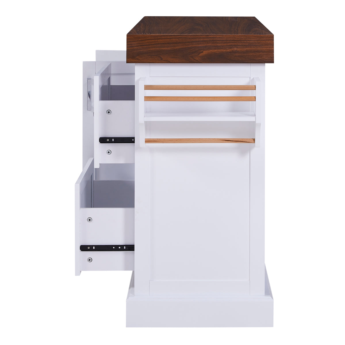 variant-group:rf-n707s000025w|Roomfitters 53" Kitchen Island with Butcher Block Top, Storage Cabinet with Drawers, Spice Rack and Towel Holder, White