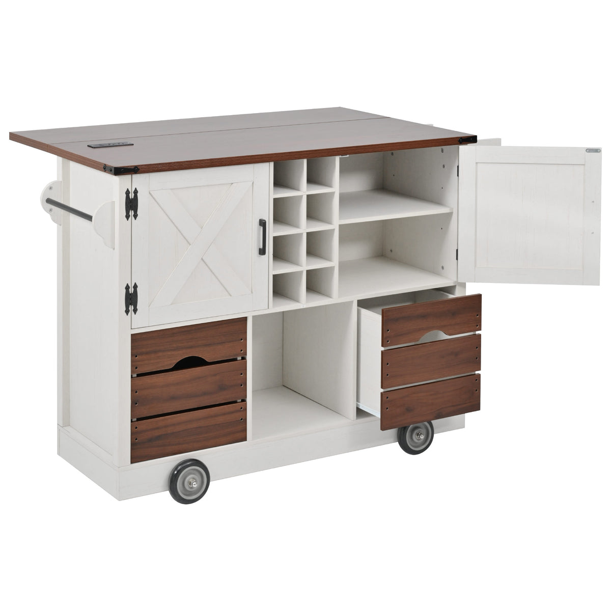 variant-group:rf-n707p349814w|Roomfitters 54" Farmhouse Kitchen Island with Drop Leaf, Power Outlet, Wine Rack, 2 Drawers, 2 Doors, White