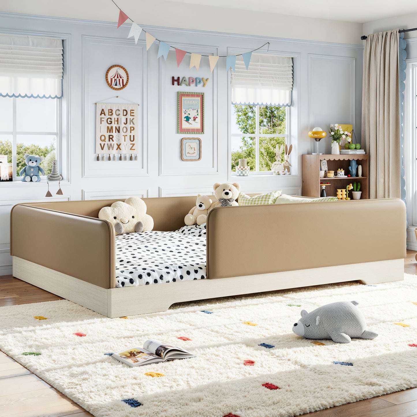 variant-group:rf-w1580s00672|Roomfitters Queen Size Upholstered Floor Bed Frame with Removable Guardrails, Faux Leather Low Profile Platform, Brown