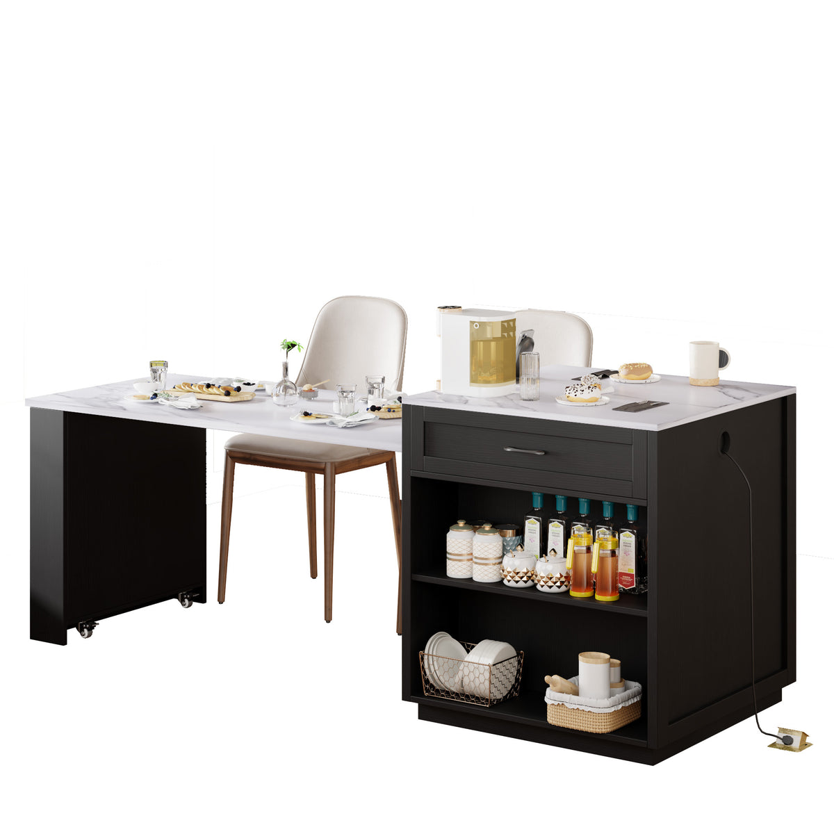 variant-group:rf-n707s000010b|Roomfitters 82.7" Kitchen Island with Extendable Table, Faux Marble Top, Double Storage, Power Outlet, Black