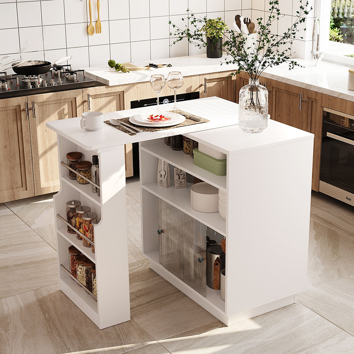 variant-group:rf-n711p437809k|Roomfitters White MDF Counter Height Kitchen Island Sideboard Cabinet, Extendable Table, Acrylic Sliding Doors