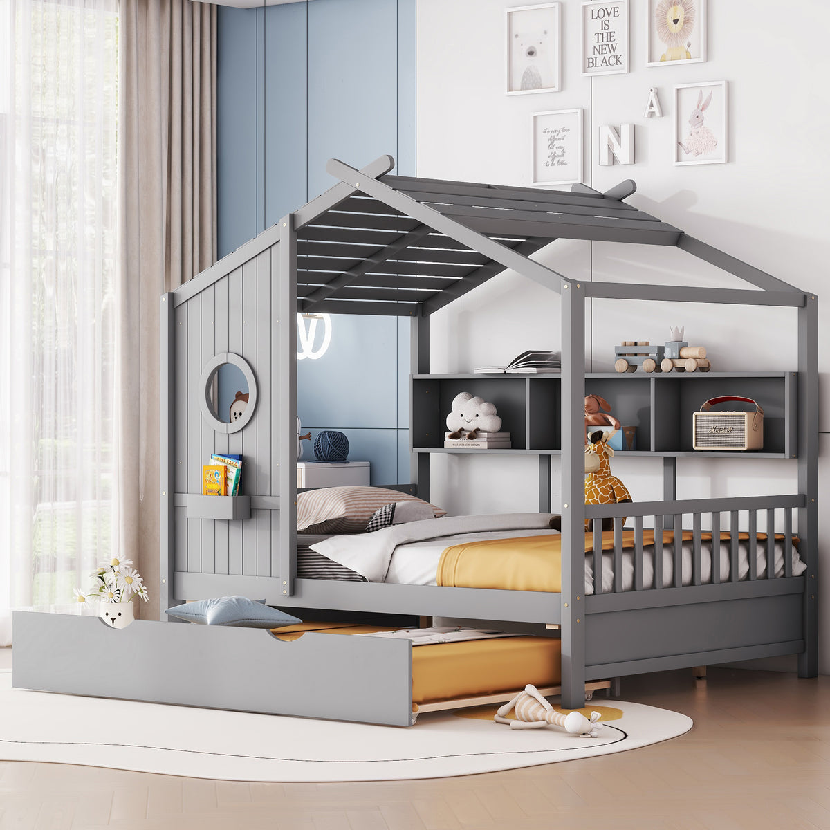 variant-group:rf-n733s316125e|Roomfitters Wooden Full Size House Bed with Trundle and Storage Shelf, Gray