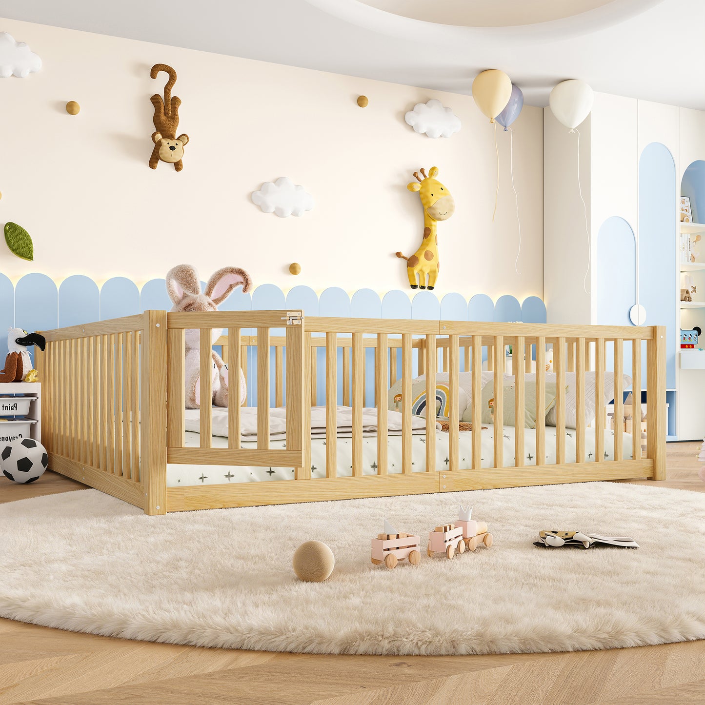 variant-group:rf-w1580p417673|Roomfitters Queen Size Wooden Floor Bed with Safety Guardrails Door, Solid Wood Low Profile Toddler Bed Frame, Natural