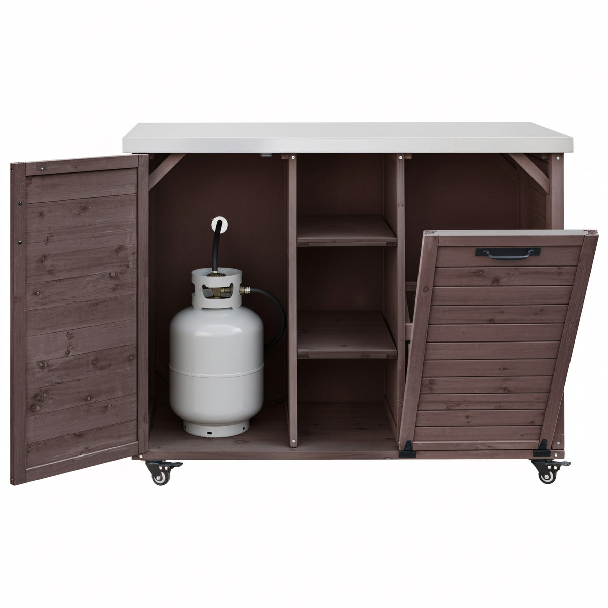 variant-group:rf-n707p370276z|Roomfitters 78.3" Outdoor Kitchen Island with Foldable Grill Table, Stainless Steel Top & Tilt Trash Can Storage, Dark Brown