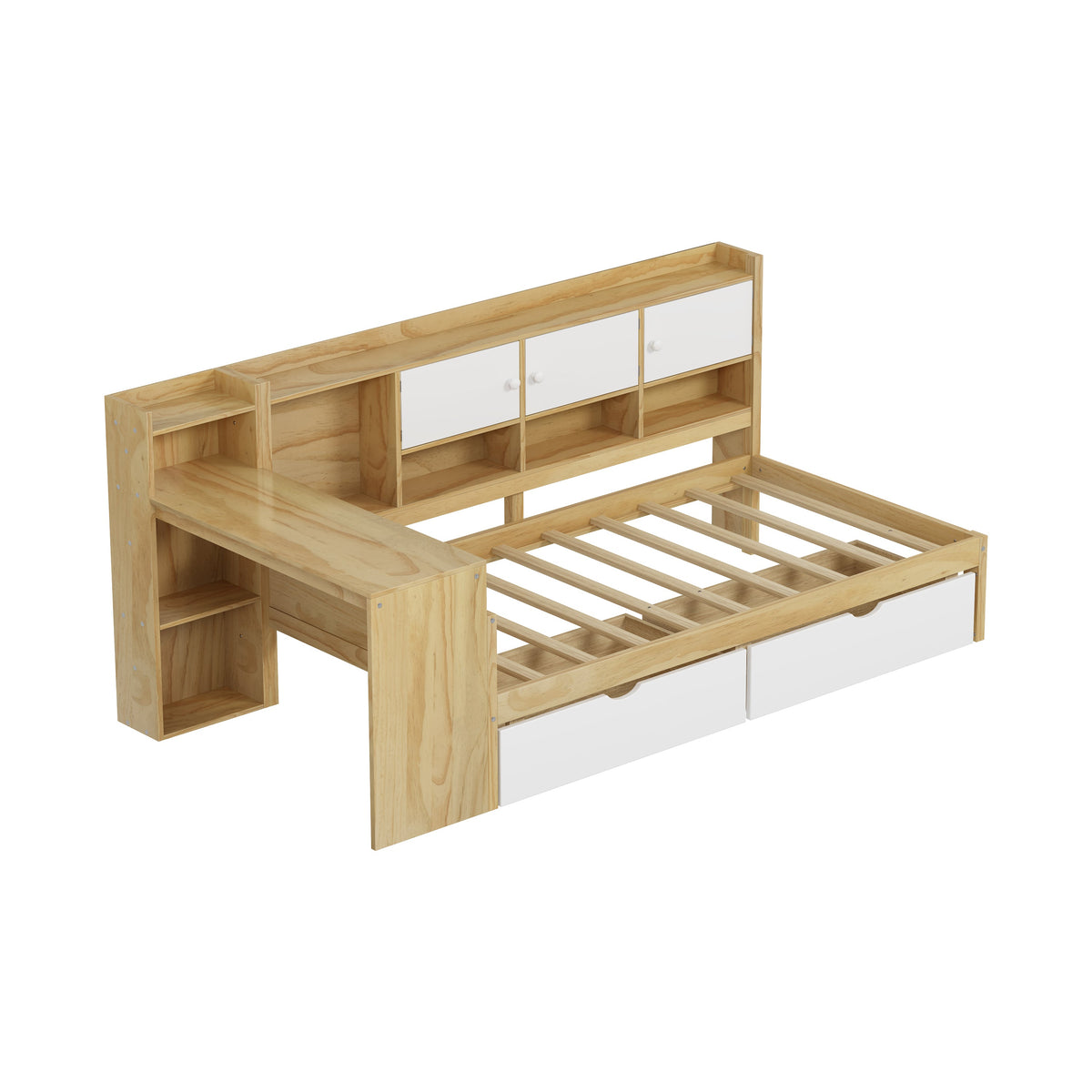 Roomfitters Wooden L-Shape Daybed with Seven Storage Cabinets and Two Storage Compartments, Multi-functional Bed with Study Desk and Built-in Bookshelf, Natural+White