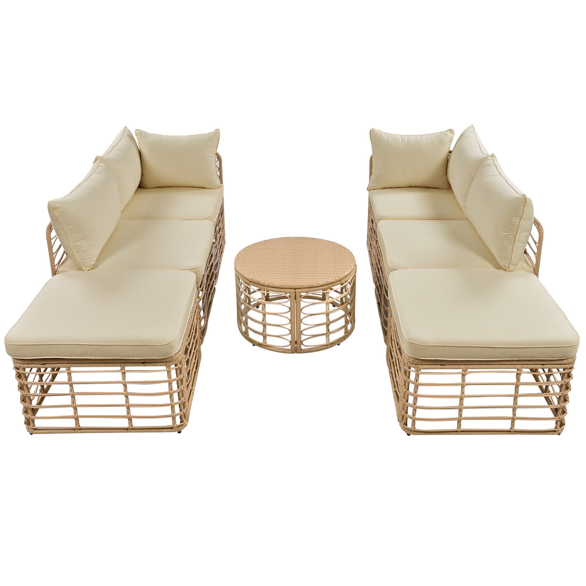 Roomfitters 7-Piece Contemporary Hollow-Woven Rattan Sectional Sofa Set with Round Coffee Table Brown Roomfitters