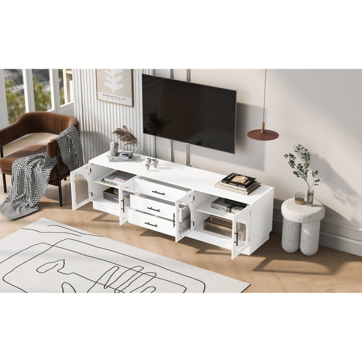 variant-group:rf-n724p284467k|Roomfitters Modern Minimalist TV Stand for up to 75 Inch TV, Entertainment Console Cabinet with Adjustable Shelves, White