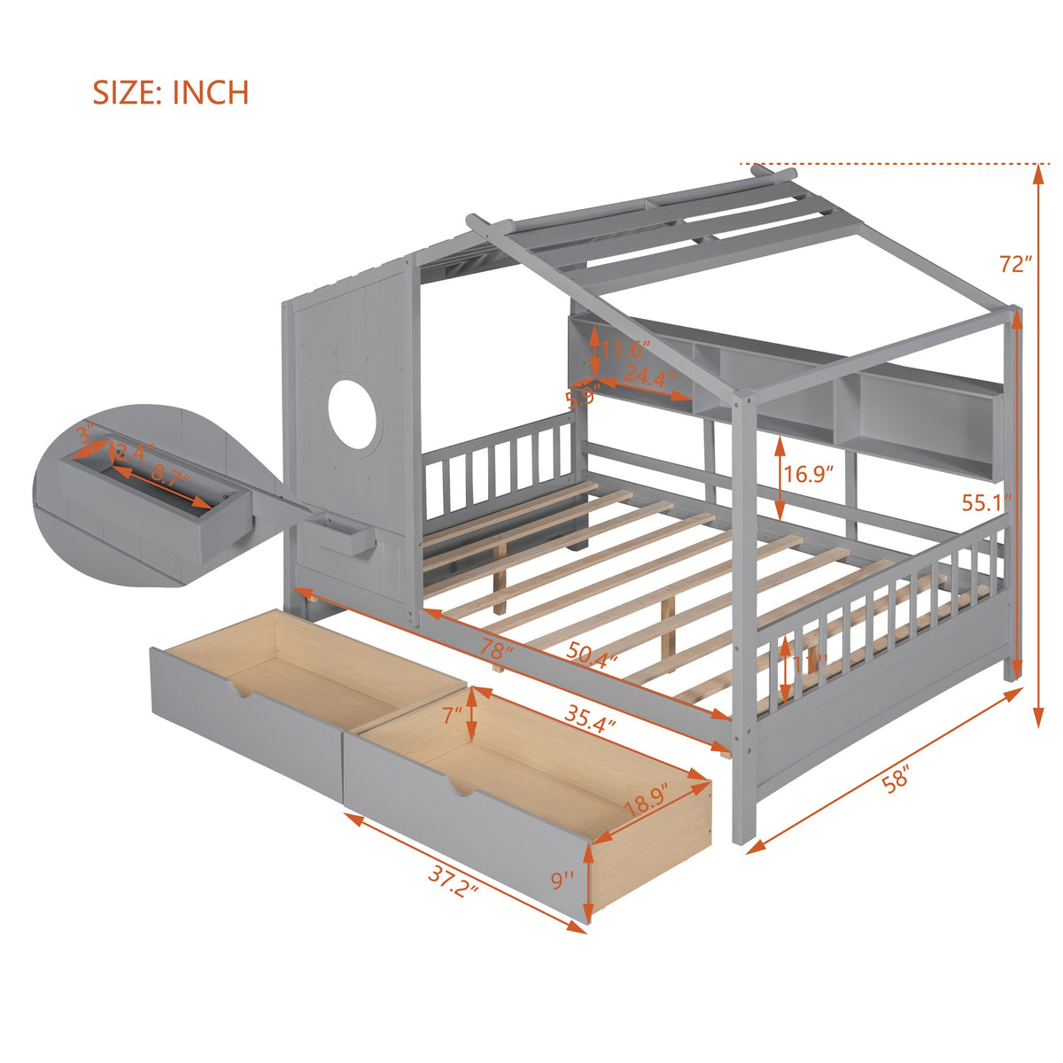 variant-group:rf-n733s308487e|Roomfitters Wooden Full Size House Bed with 2 Drawers and Storage Shelf, Gray
