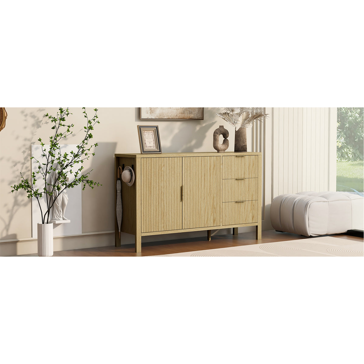 variant-group:rf-n711p345172o|Roomfitters Sideboard Buffet Cabinet with 3 Drawers, 2 Door Mid-century Fluted Accent Storage for Kitchen & Dining, Natural
