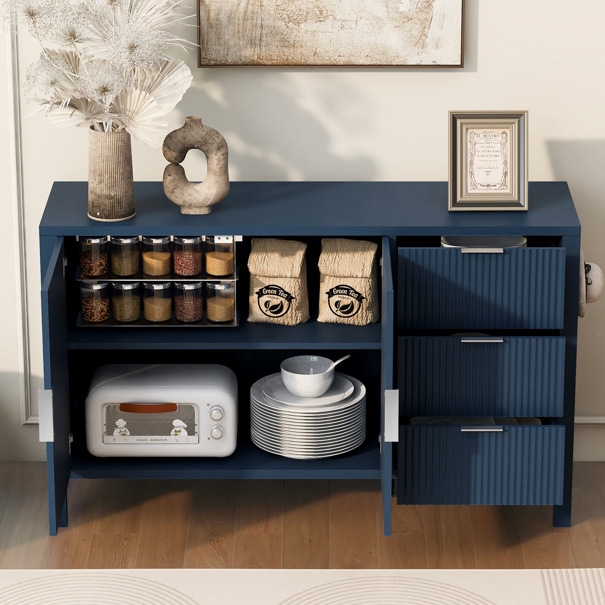 variant-group:rf-n711p345172v|Roomfitters Sideboard Buffet Cabinet with 3 Drawers, 2 Door Mid-century Fluted Accent Storage for Kitchen & Dining, Navy Blue