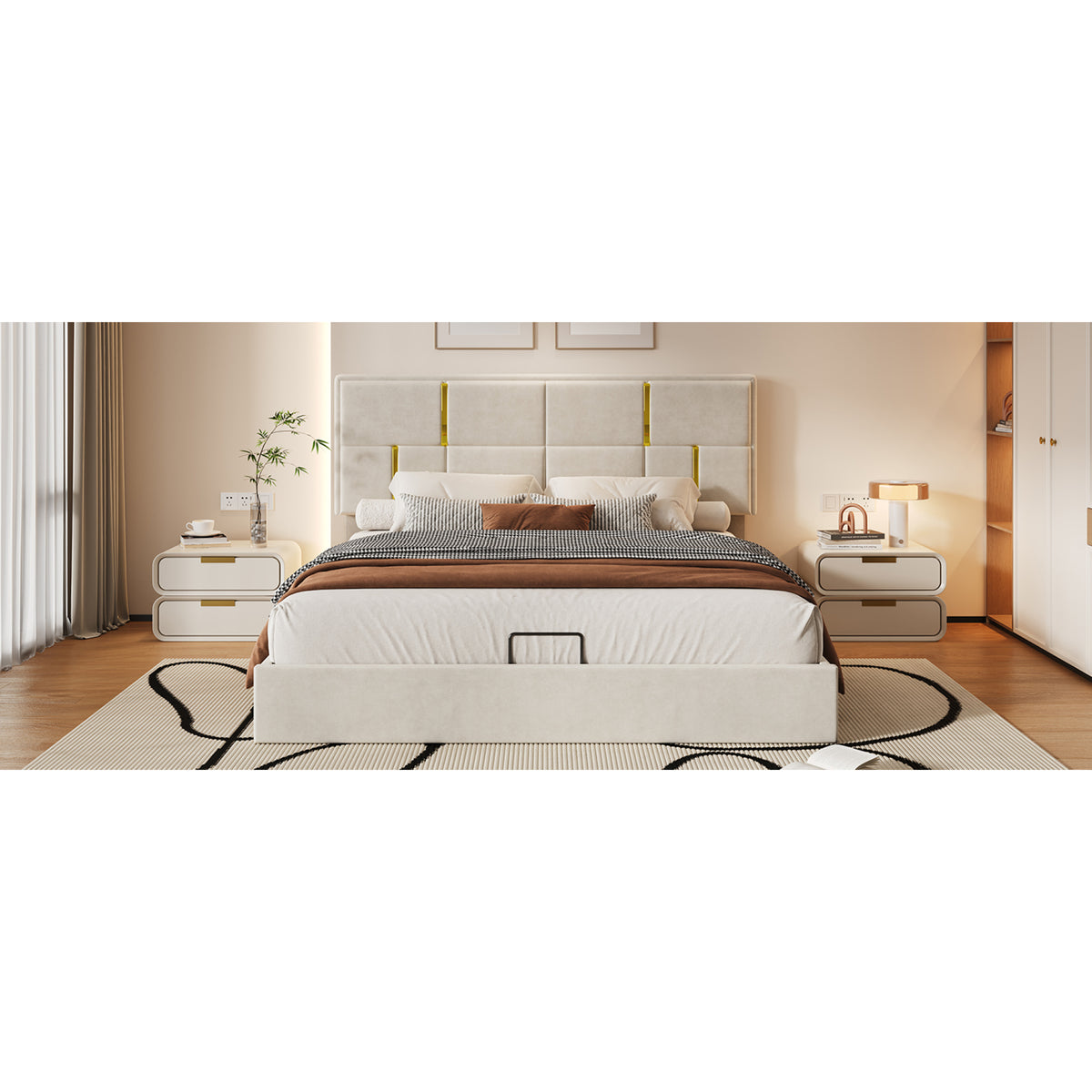 variant-group:rf-n733s362241a|Roomfitters Queen Upholstered Platform Bed with Hydraulic Storage Lift, Modern Bed Frame, No Box Spring Required, Beige