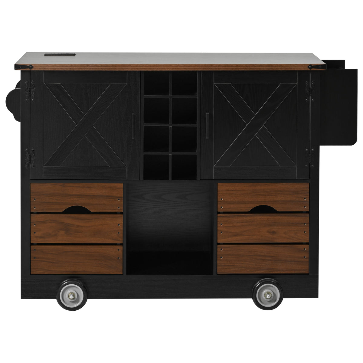 variant-group:rf-n707p349814b|Roomfitters 54" Farmhouse Kitchen Island with Drop Leaf, Power Outlet, Wine Rack, 2 Drawers, 2 Doors, Black