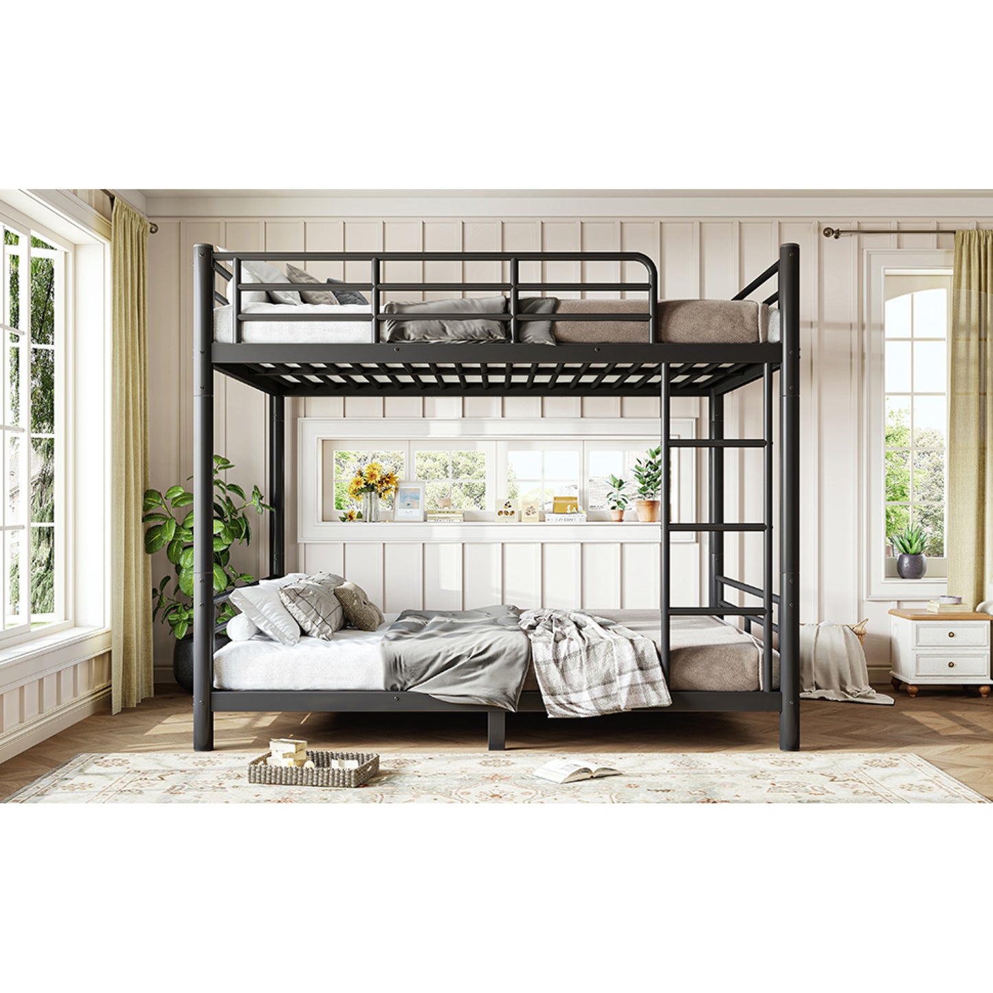 variant-group:rf-w1580p454730|Roomfitters Full over Full Metal Bunk Bed Frame for Teens Adults, Convertible 2 Separate Beds Round Tube, Black