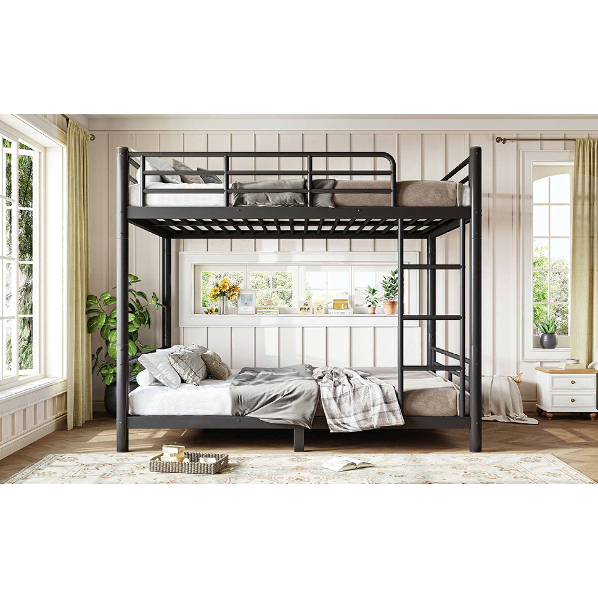 variant-group:rf-w1580p454730|Roomfitters Full over Full Metal Bunk Bed Frame for Teens Adults, Convertible 2 Separate Beds Round Tube, Black