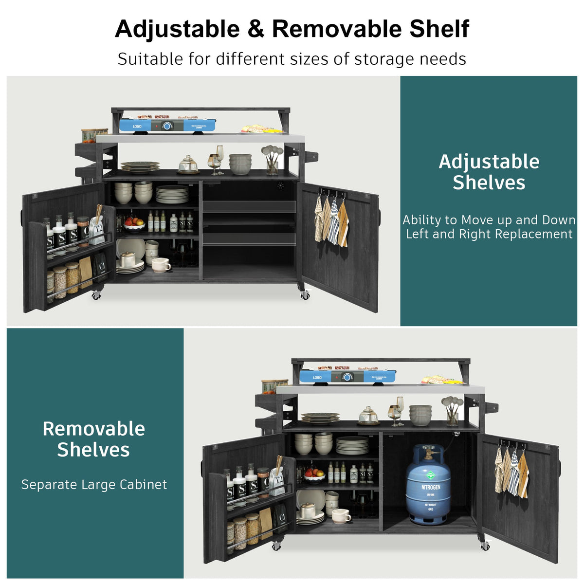 Roomfitters 56.5" Grill Cart, Outdoor Kitchen Island with Stainless Steel Top and Storage Cabinet, BBQ Prep Station, Black