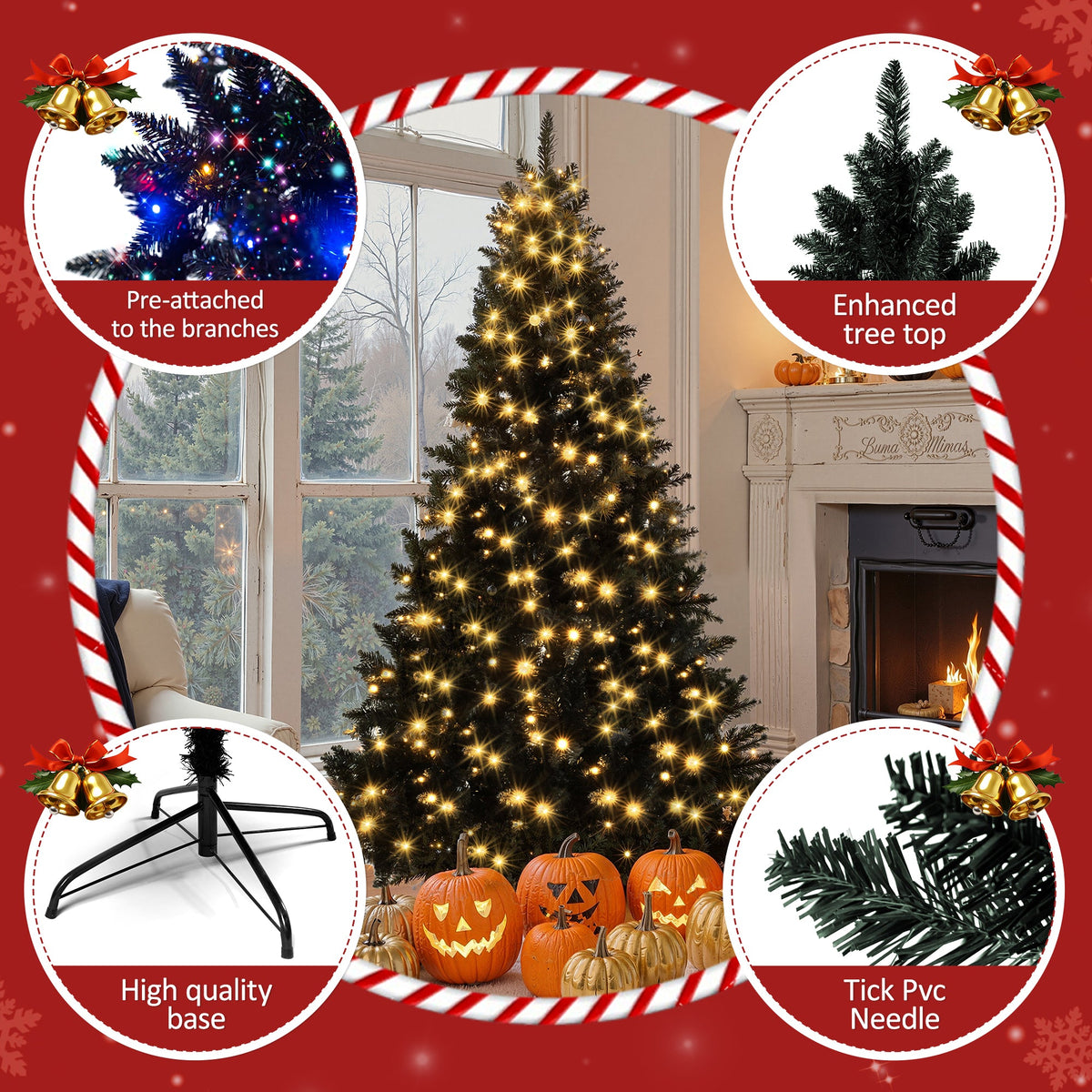 Roomfitters Pre-Lit Black Artificial Christmas Tree 6FT, Hinged Holiday Spruce Tree with 920 Tips and Color-Changing Lights Roomfitters