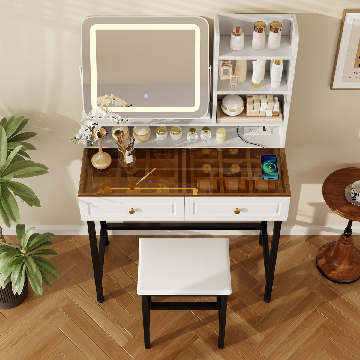 Roomfitters Makeup Vanity with LED Lighted Mirror, Glass Top, Charging Station and Storage Hutch, Vanity Table Set, Black+White Roomfitters