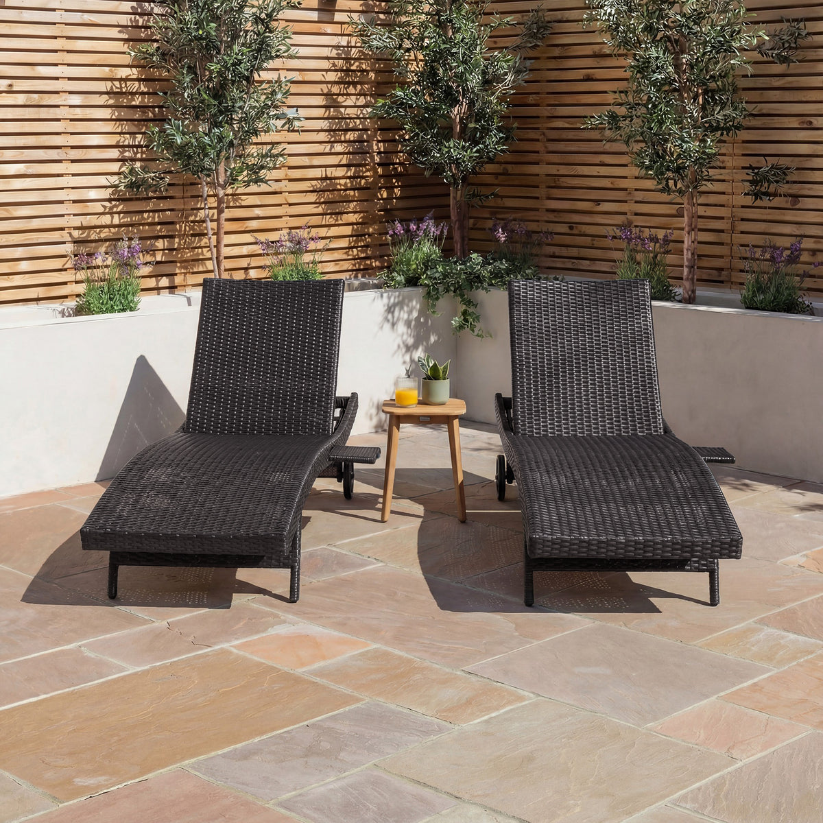 variant-group:rf-n707p395515d|Roomfitters 80"W Patio Chaise Lounge Chairs Set of 2 with Wheels, Folding Table, Adjustable Rattan Loungers, Black & Brown