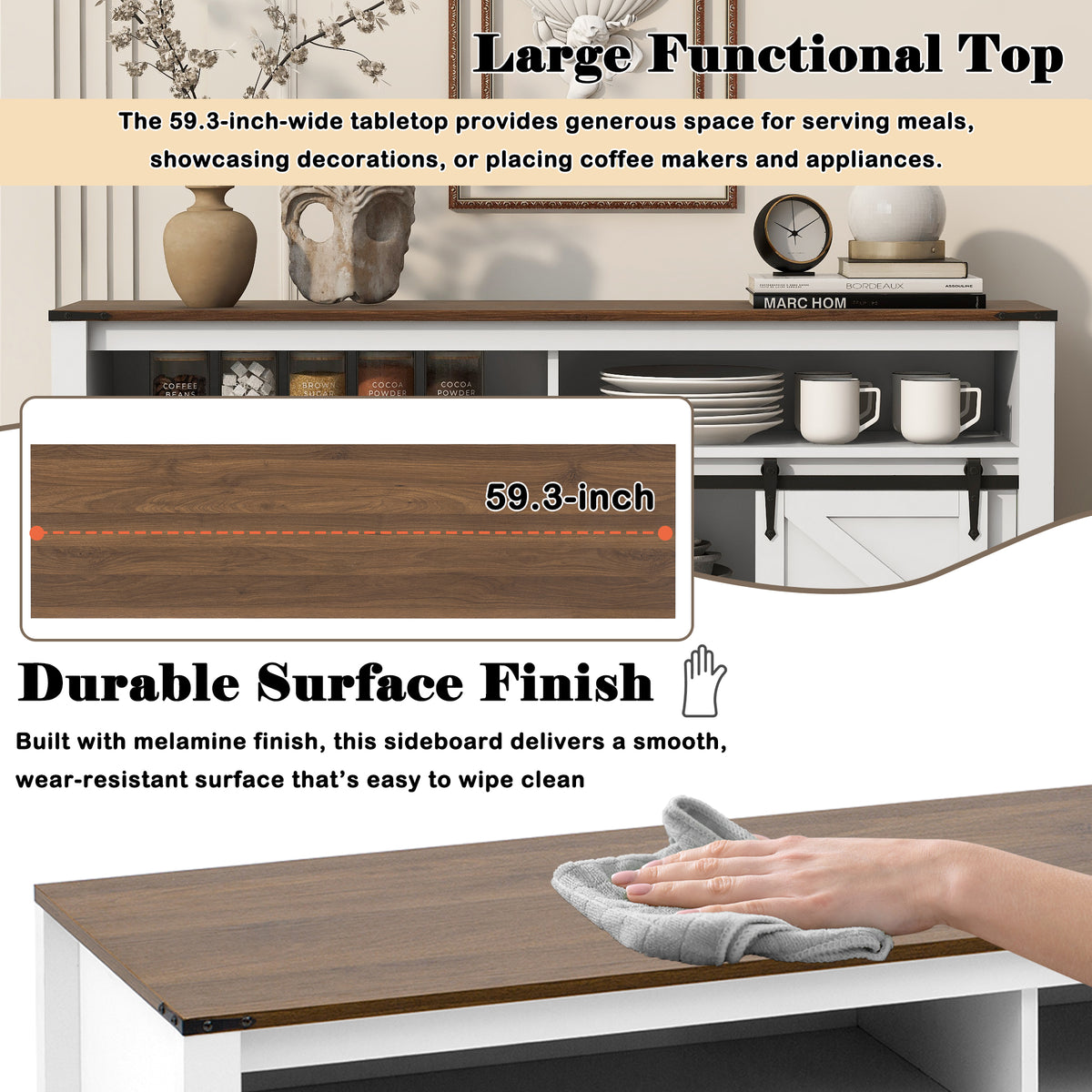 variant-group:rf-n711p347388k|Roomfitters 59.3" Sideboard Buffet Cabinet with Sliding Barn Doors, Modern Farmhouse Storage for Kitchen & Dining, Brown+White