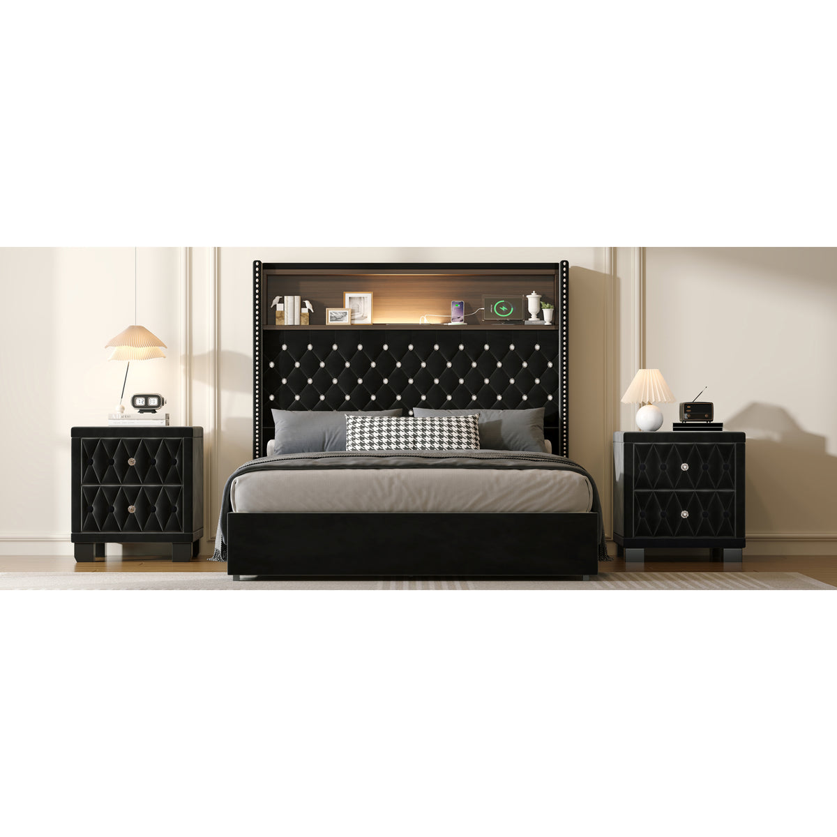 variant-group:rf-n733p368653b|Roomfitters Full Velvet Tufted Platform Bed with Charging Ports, Tall Wingback Headboard with Rivet Trim and Shelf, Black