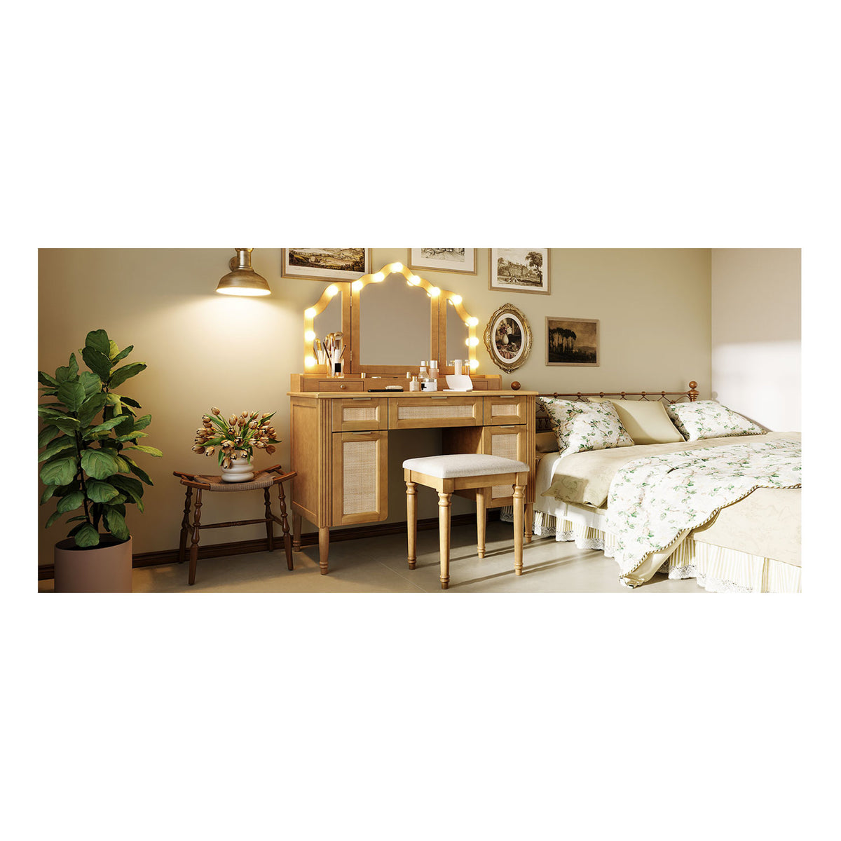 variant-group:rf-n704p342558n|Roomfitters 44-Inch Bohemian Makeup Vanity Desk with 13 Hollywood Bulbs Tri-Fold Mirror and Bamboo Drawers Natural