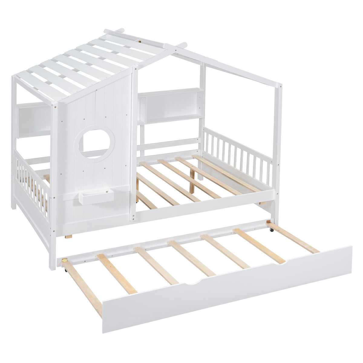 variant-group:rf-n733s316125k|Roomfitters Wooden Full Size House Bed with Trundle and Storage Shelf, White