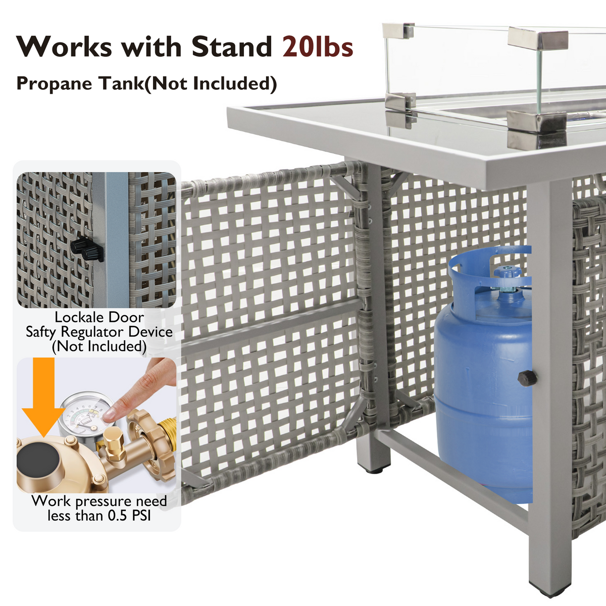 variant-group:rf-n707p210158g|Roomfitters 43" Propane Fire Pit Table, 60,000 BTU Rectangular Wicker Fire Pit with Glass Wind Guard for Patio, Grey