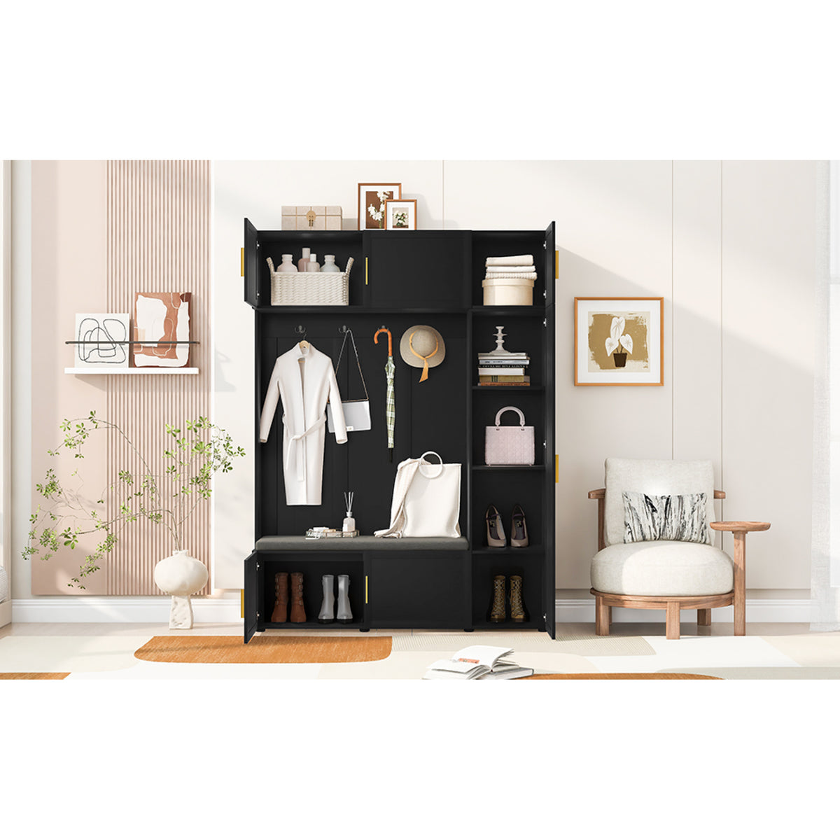 variant-group:rf-n724sj000166aab|Roomfitters American Style 4-in-1 Hall Tree, Upholstered Entryway Bench, Antique Black