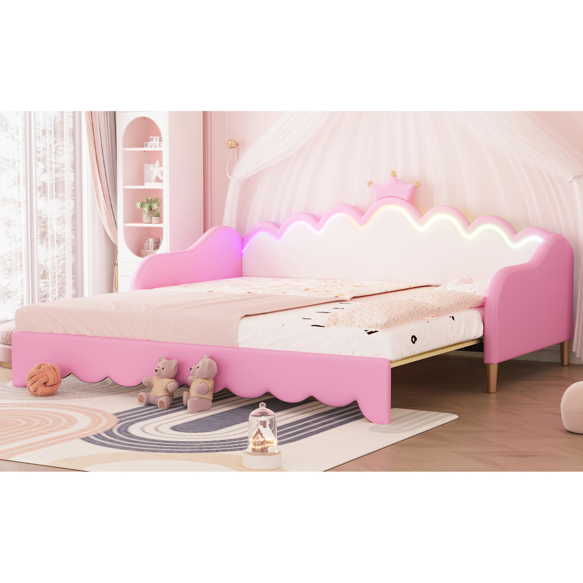 variant-group:rf-n733hl000104aah|Roomfitters Twin Extending Daybed with Lights, Modern Upholstered Princess Daybed Featuring Crown Headboard, Elegant and Practical Design, Pink