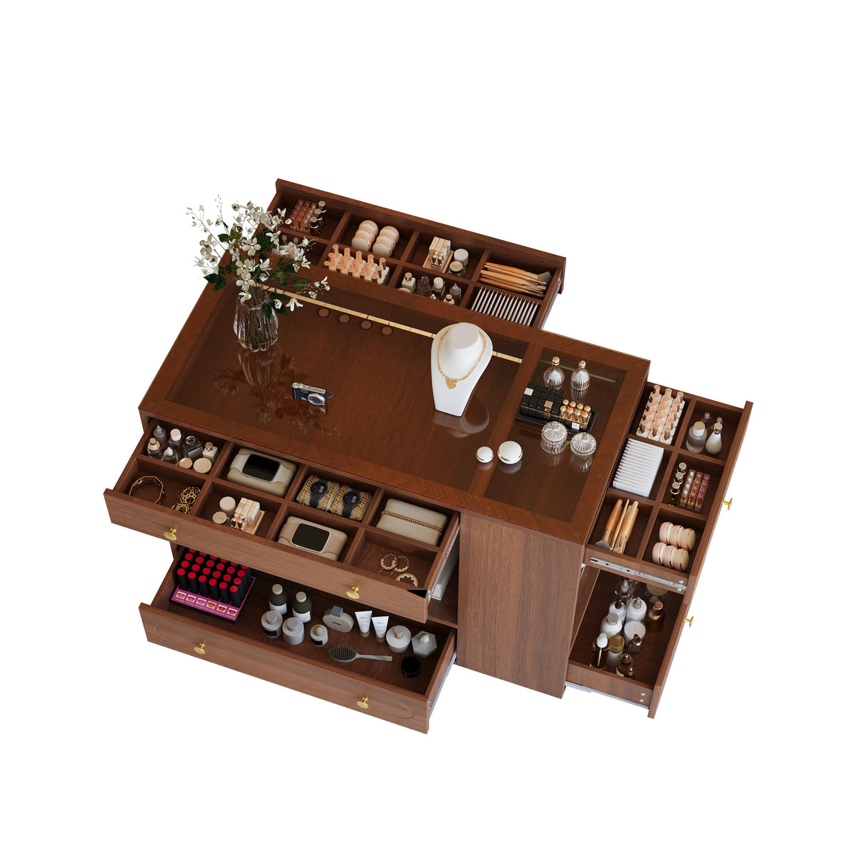 Roomfitters Closet Island with 6 Drawers, Glass Display Top and Open Shelves, Wardrobe Storage and Jewelry Vanity, Walnut
