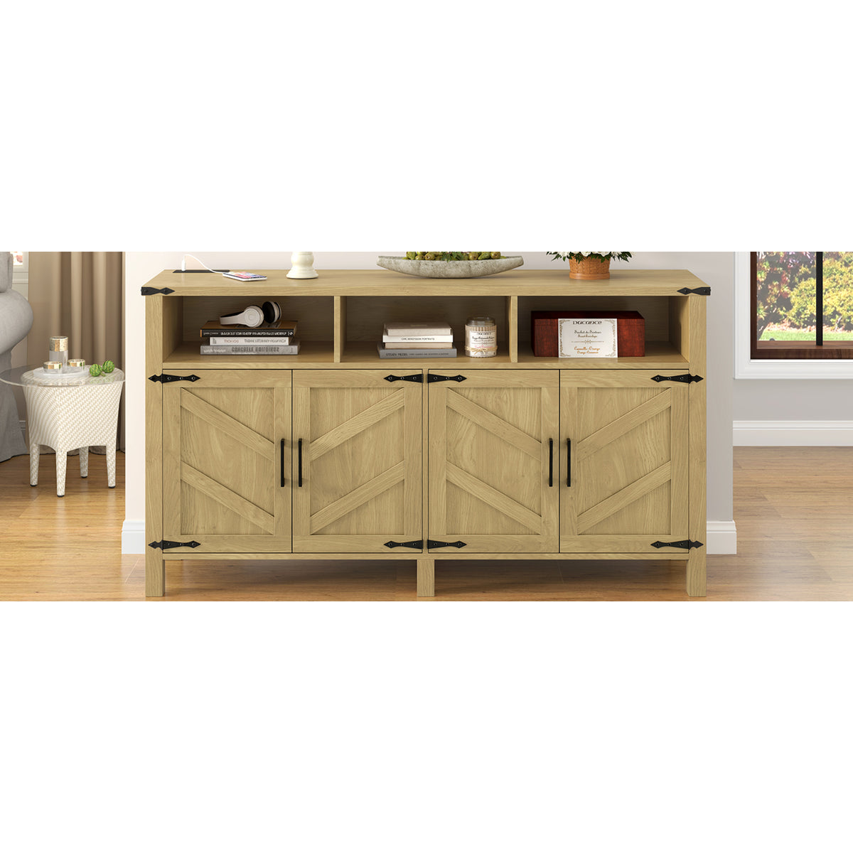 variant-group:rf-n711p347407o|Roomfitters 59" Sideboard Buffet Cabinet with 4 Door & Open Storage, Modern Farmhouse Industrial Coffee Bar Station, Natural