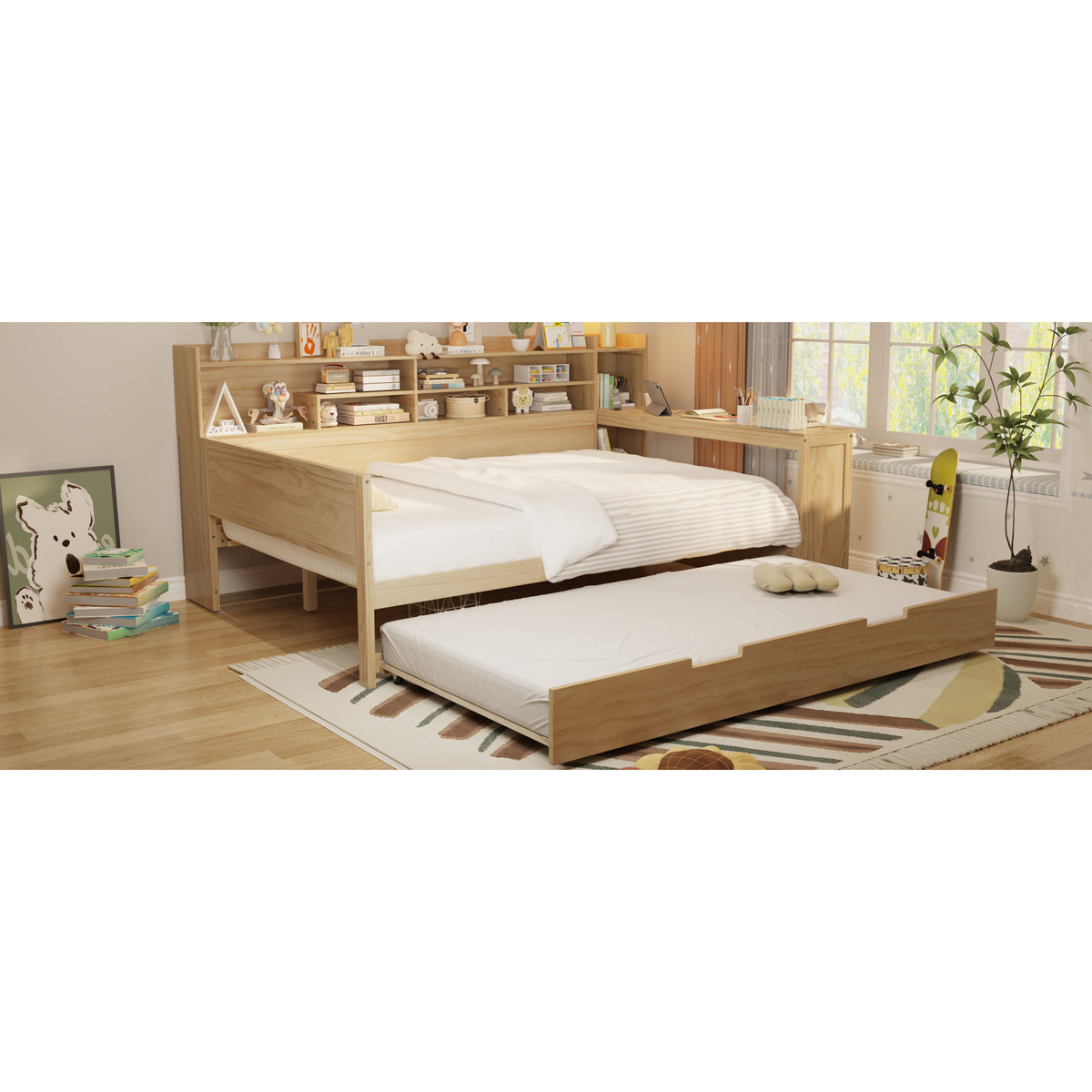variant-group:rf-n733s373391m|Roomfitters Full Daybed with Twin Trundle, Storage Shelves and Desk, Wooden Multi-Functional Bed, Natural