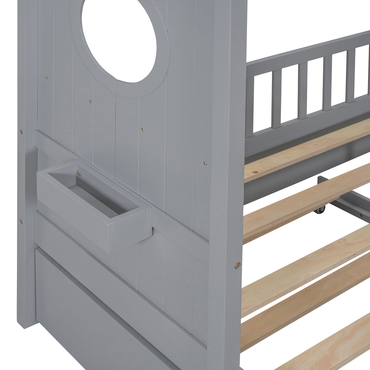 variant-group:rf-n733s316125e|Roomfitters Wooden Full Size House Bed with Trundle and Storage Shelf, Gray