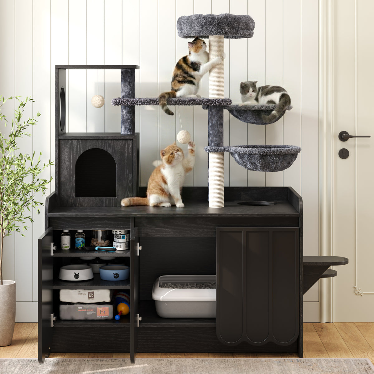 variant-group:rf-n704p443505b|Roomfitters All-in-One Modern Multi-Level Cat Tree Tower Condo with Hidden Litter Box Enclosure Space Black