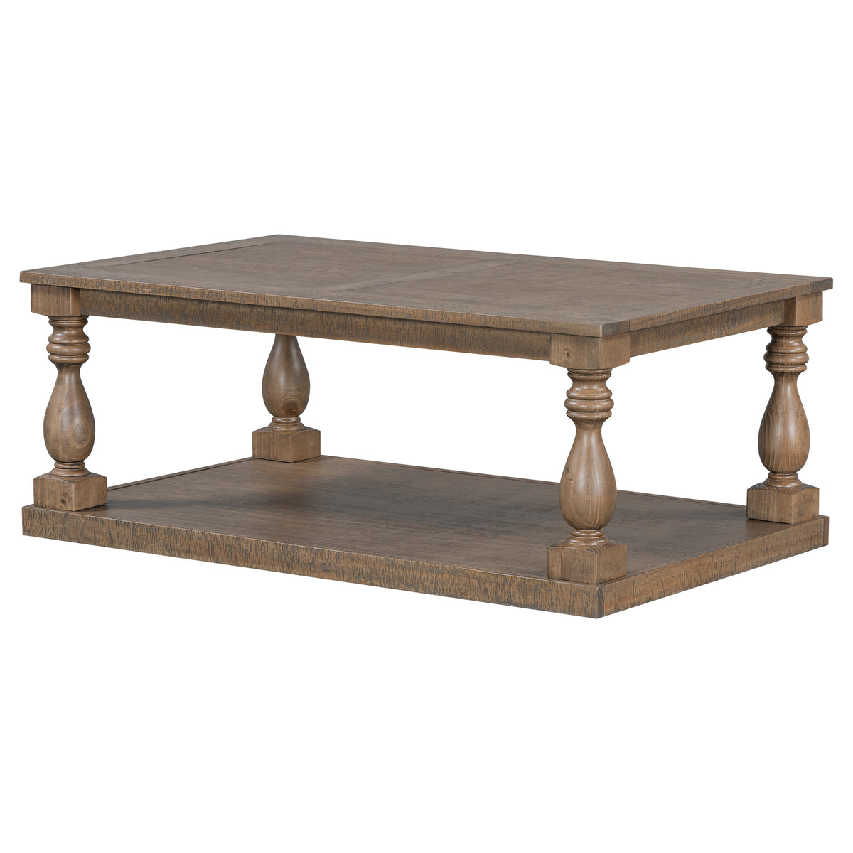 variant-group:rf-n711p407149d|Roomfitters Vintage Brown Pine Wood Coffee Table, Sculpted Vase Column Leg Cocktail Table, Living Room Statement Stand