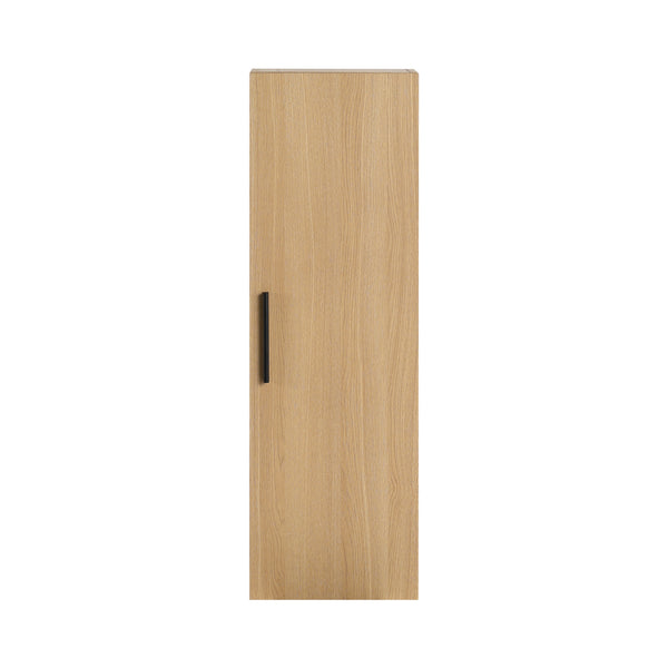 12" Tall Floating Bathroom Side Cabinet, Light Oak Plywood Linen Cabinet, Wall-Mounted Single Door Storage with Black/Aluminum Handles
