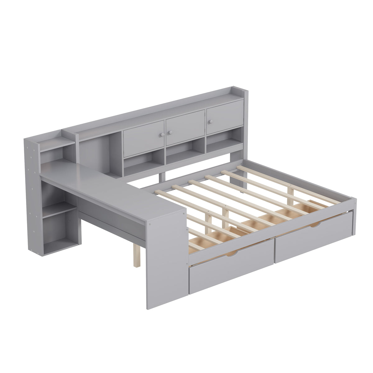 Roomfitters Full Size Wooden L-Shaped Daybed with 3 Cabinets, 2 Drawers, Desk and Bookshelf, Gray
