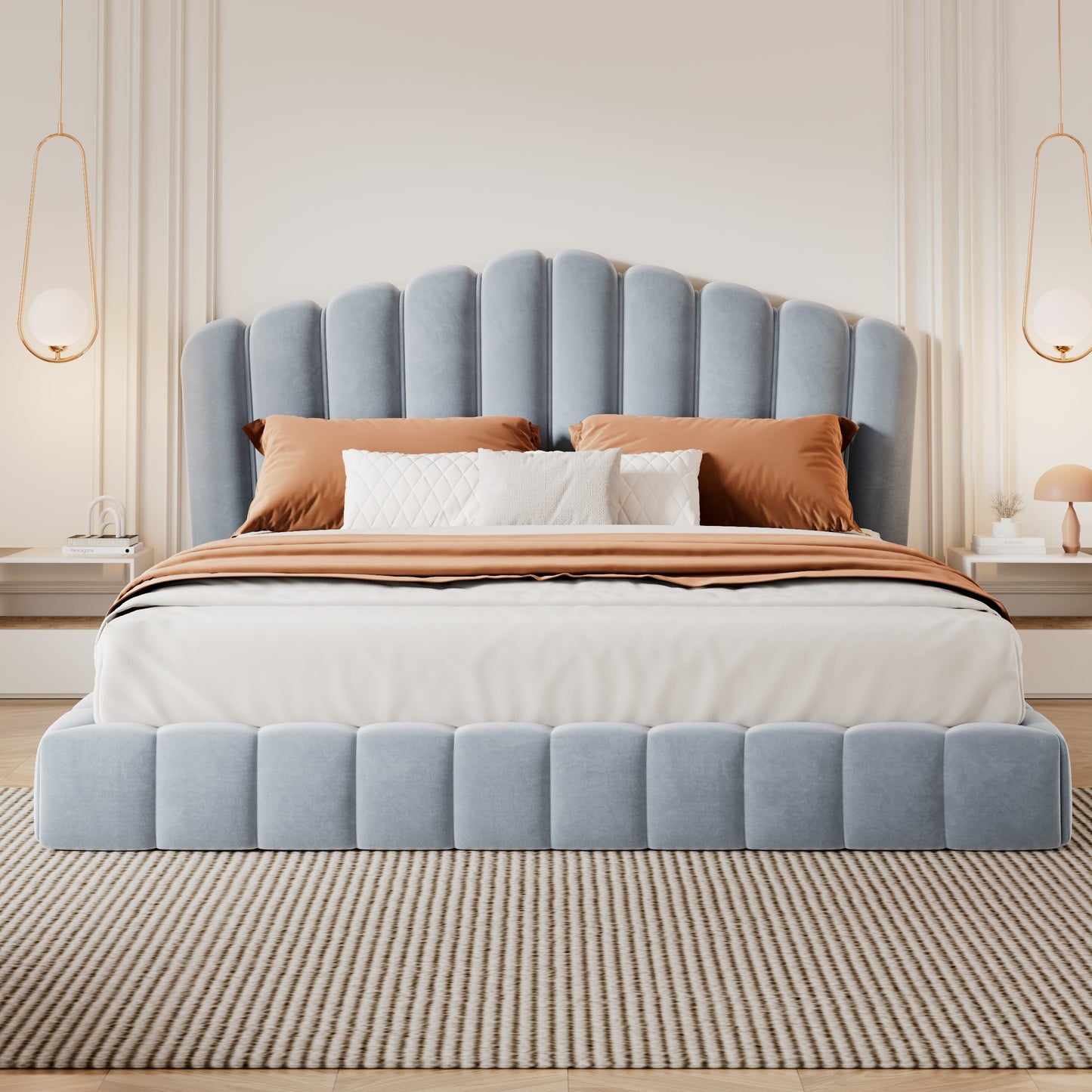 Roomfitters Queen Size Shell-Shaped Velvet Upholstered Platform Bed, Channel Tufted Headboard, No Box Spring Needed, Light Blue Roomfitters