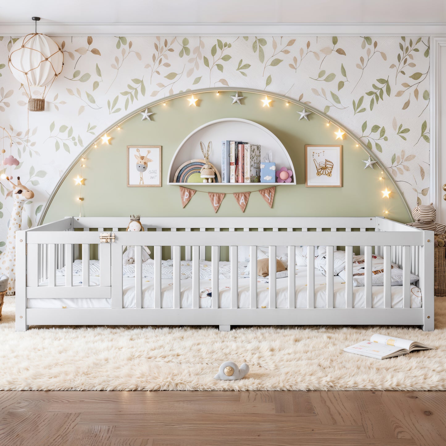 variant-group:rf-w1580p462324|Roomfitters Queen Size Wooden Floor Bed Frame with Safety Guardrails Door, Solid Wood Low Profile Toddler Play Bed, White
