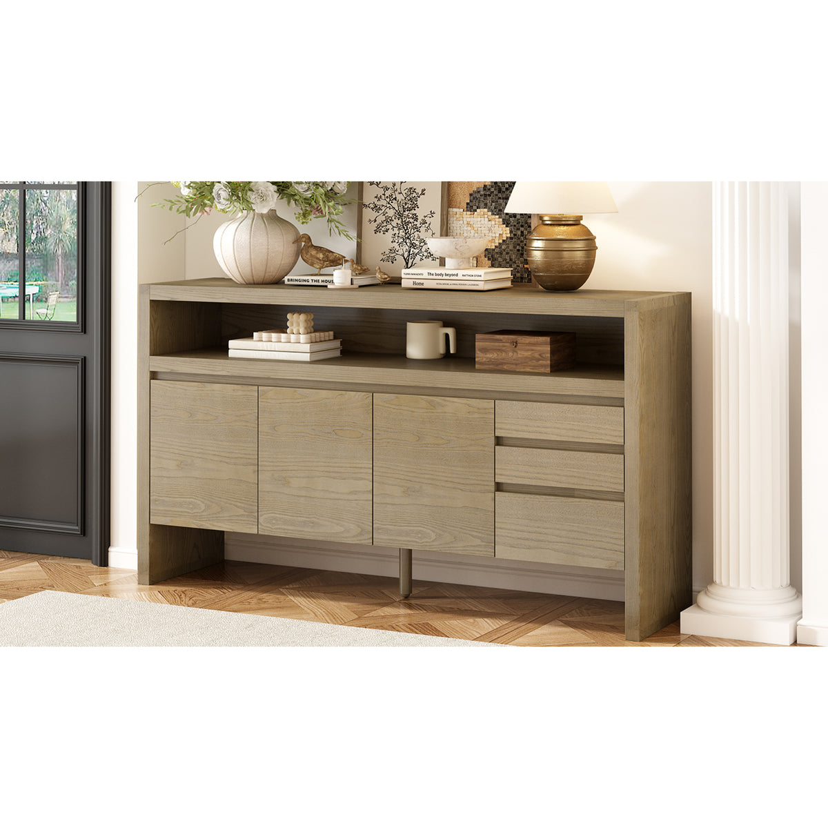 variant-group:rf-n711p289141o|Roomfitters 60" Modern Solid Wood Veneer Sideboard with 3 Doors & 3 Drawers, Open Shelf & Cable Cutout, Large Storage Cabinet for Dining, Hallway, Living Room, Natural