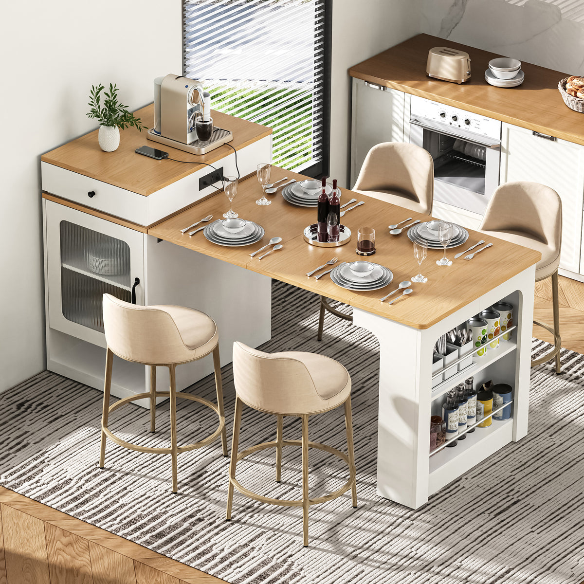 variant-group:rf-n707s000017w|Roomfitters 59.5" Kitchen Island with 41.8" Extendable Dining Table, Double-Sided Storage, Power Outlet, 2 Drawers, White