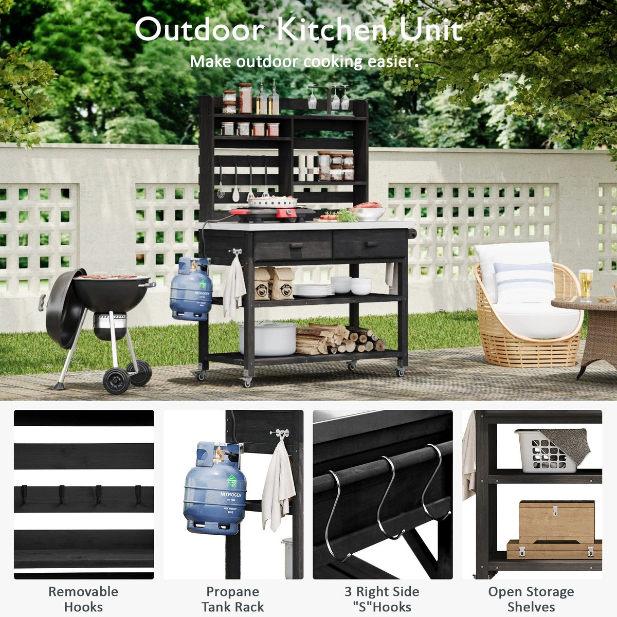 Roomfitters 64.9" Outdoor Potting Bench & Kitchen Island with Stainless Steel Top, Propane Rack & Lockable Wheels, Black