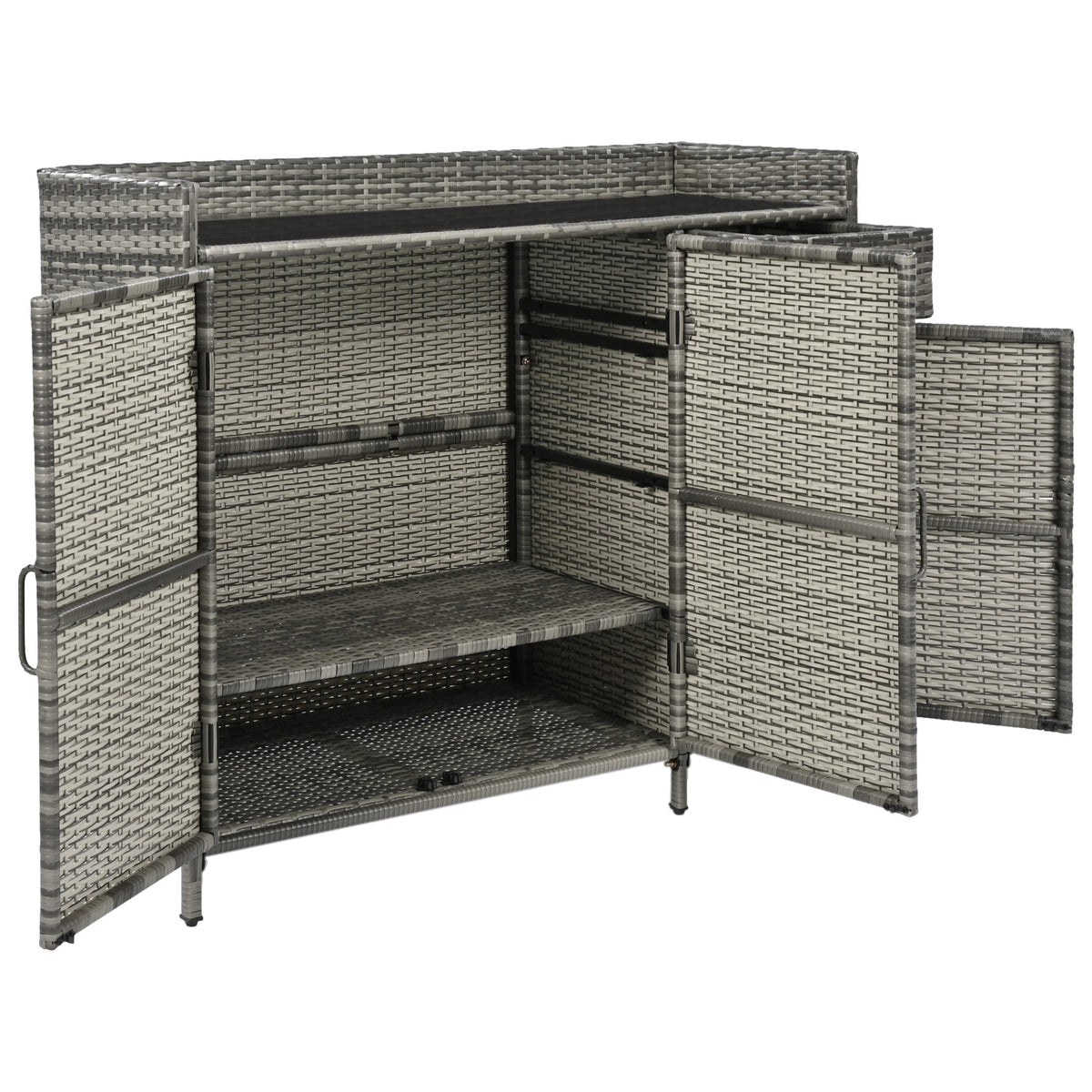 variant-group:rf-n707p233745g|Roomfitters 47.5" Wicker Outdoor Storage Cabinet, Rattan Bar Table with Glass Top, Adjustable Shelf, 3 Doors, Grey