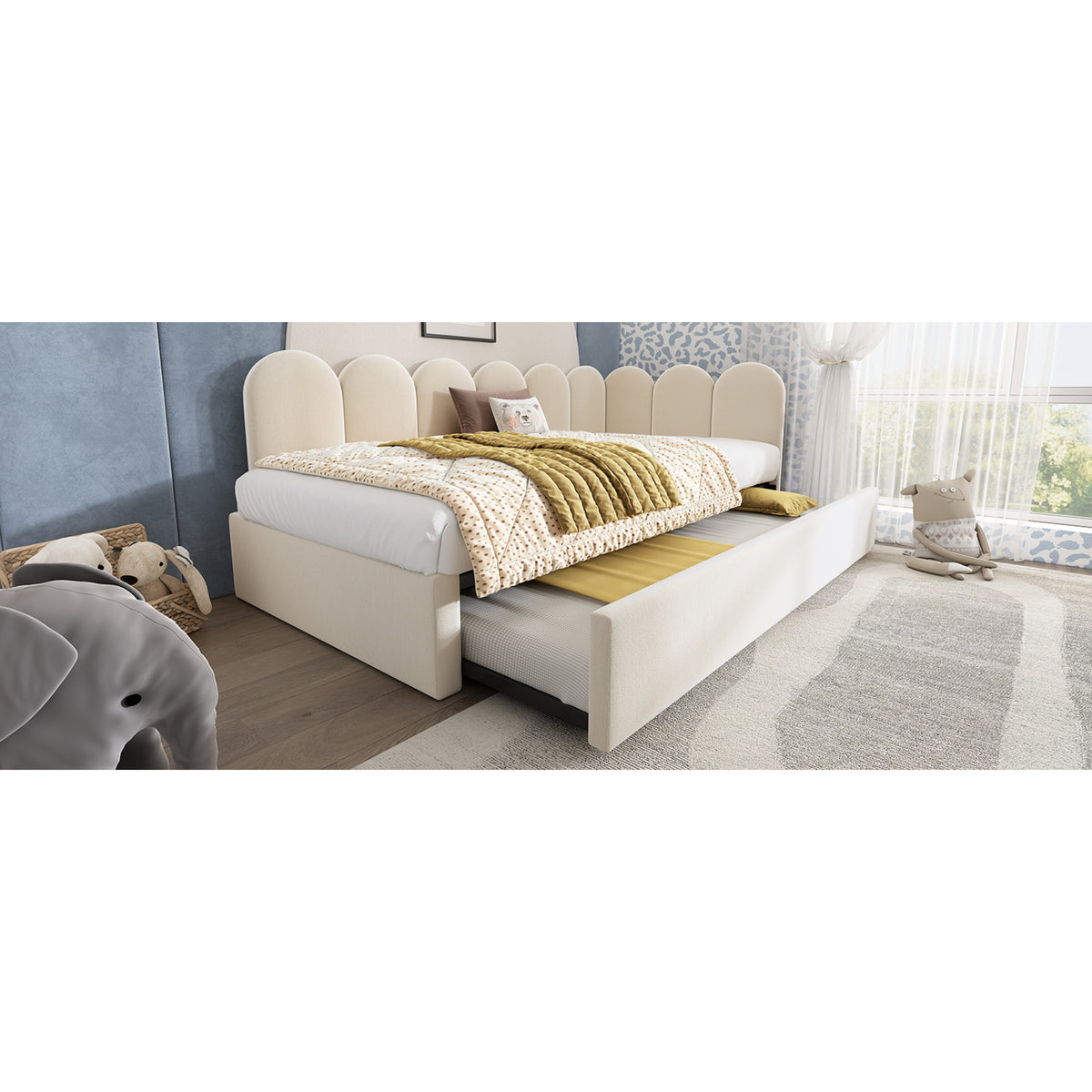 variant-group:rf-n736aa20362122b|Roomfitters Velvet Upholstered Twin Daybed with Pull Out Trundle, Sofa Bed with Metal Slat Frame, Beige