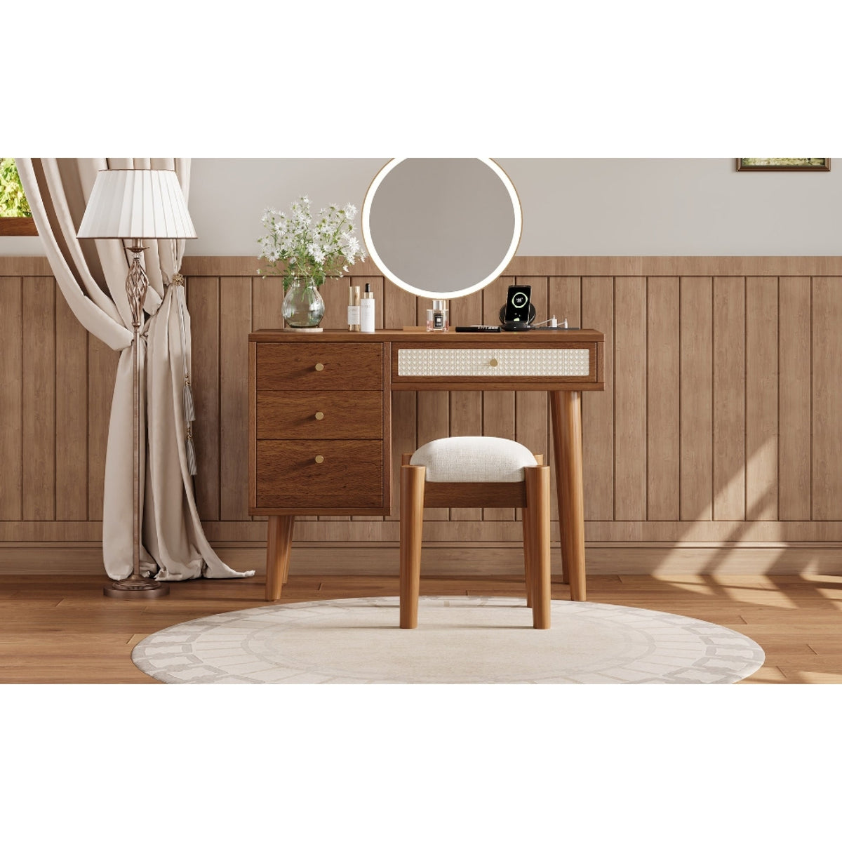 Roomfitters Wooden Nightstand with Two Storage Cabinets, End Table for Bedroom, White and Pink