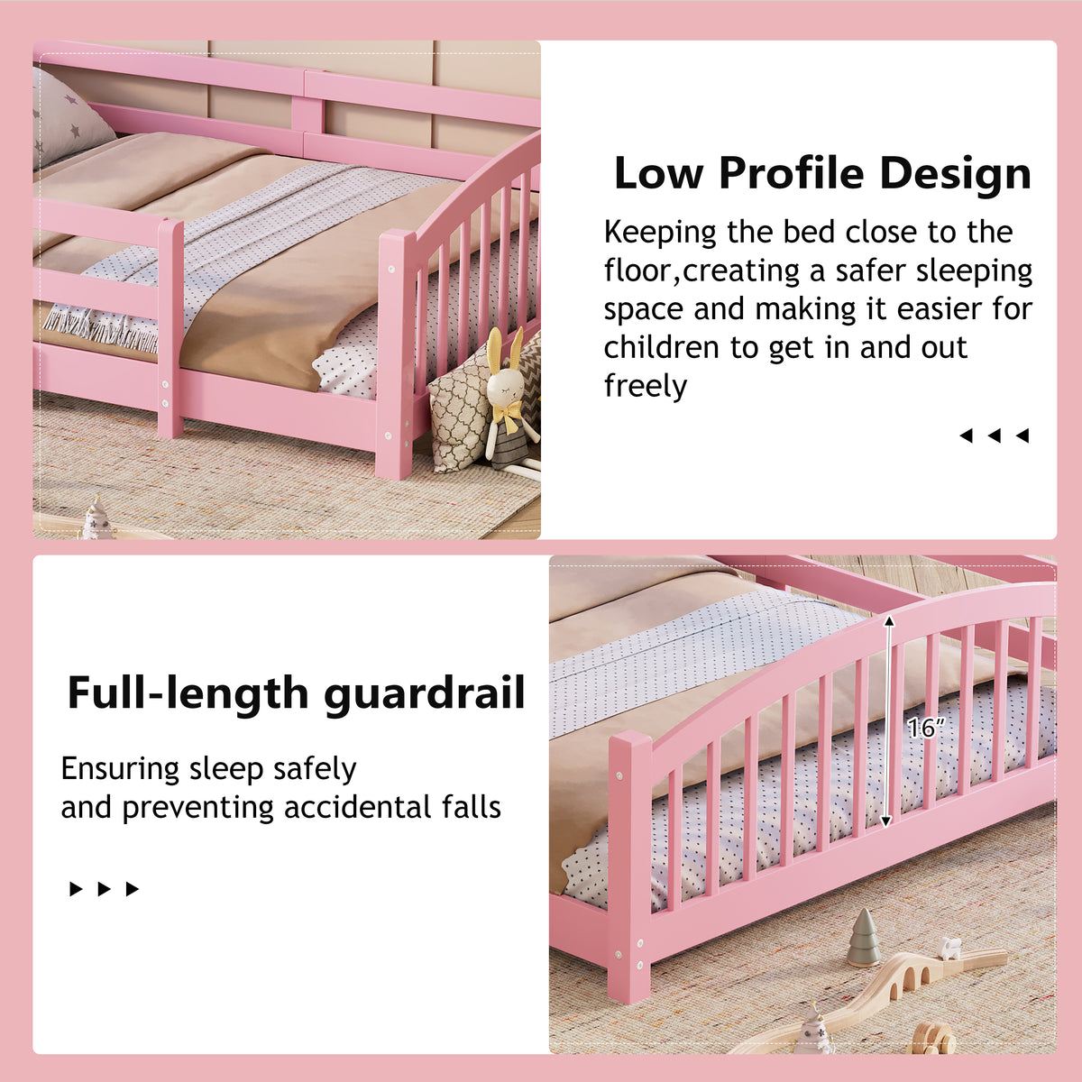 variant-group:rf-n733p400298h|Roomfitters Twin Montessori Floor Bed with Guardrails, Solid Wood Low Platform Bed with Slats, Easy Assembly, Pink