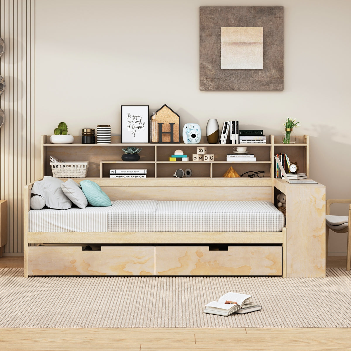 variant-group:rf-n733s241484m|Roomfitters Wooden Twin Size Daybed with Storage Shelves, Multi-functional Bed with Two Storage Compartments and Study Desk, Natural
