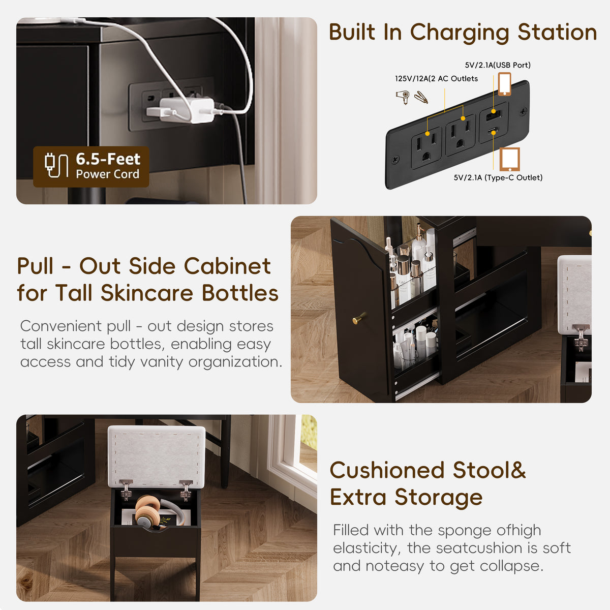 variant-group:rf-n733p336237b|Roomfitters Corner Vanity Desk Set with Stool, Charging Station, Glass Top, Drawer, Shelf, Pull-Out Cabinet, Black