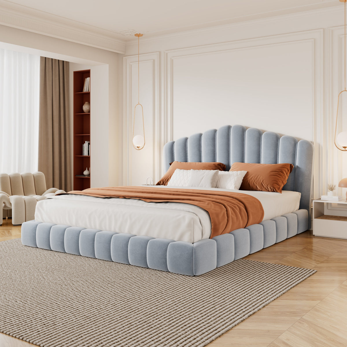 Roomfitters Queen Size Shell-Shaped Velvet Upholstered Platform Bed, Channel Tufted Headboard, No Box Spring Needed, Light Blue Roomfitters