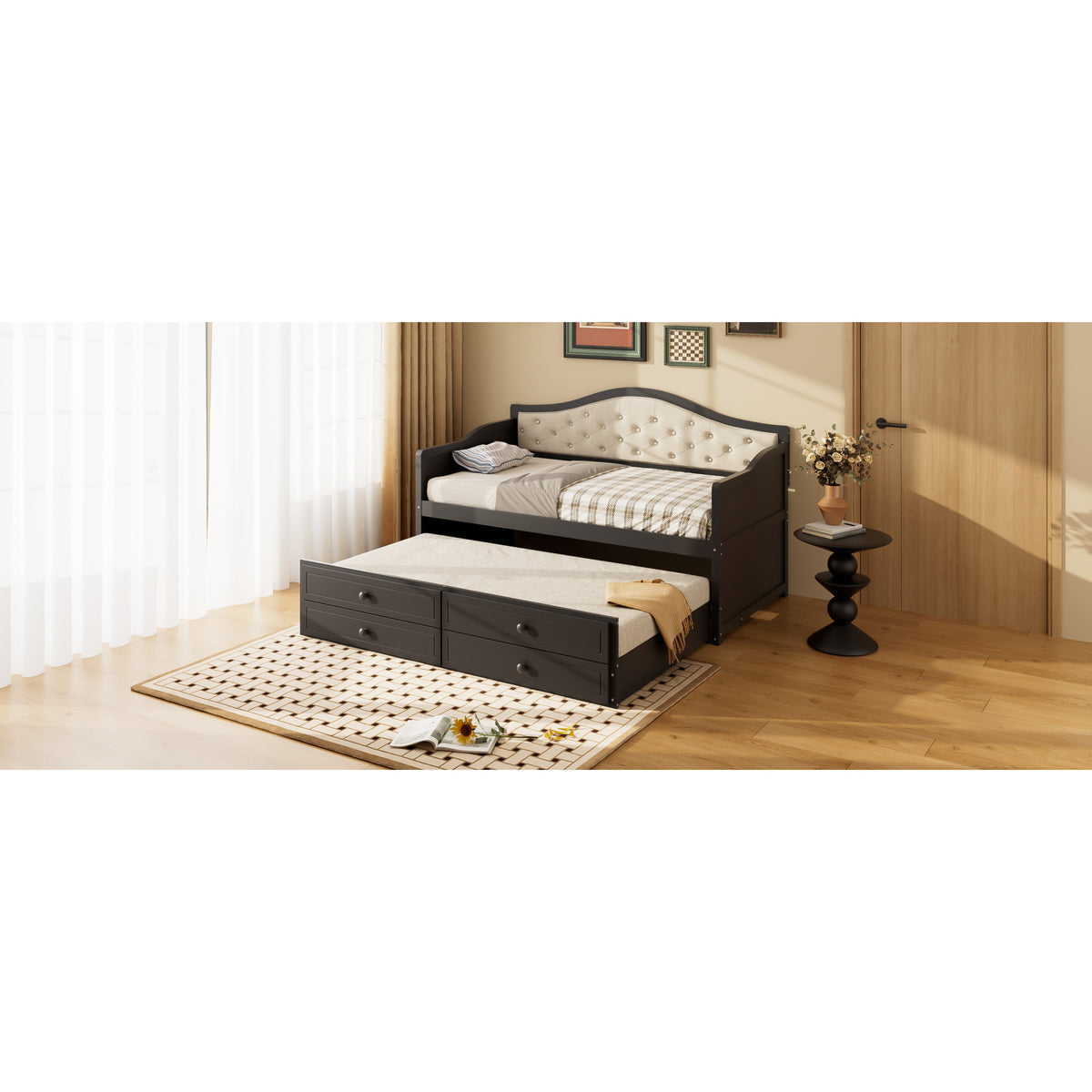 variant-group:rf-n733s346767p|Roomfitters Twin Daybed with Trundle, Wooden Sofa Bed with 2 Storage Drawers & Tufted Backrest, Black